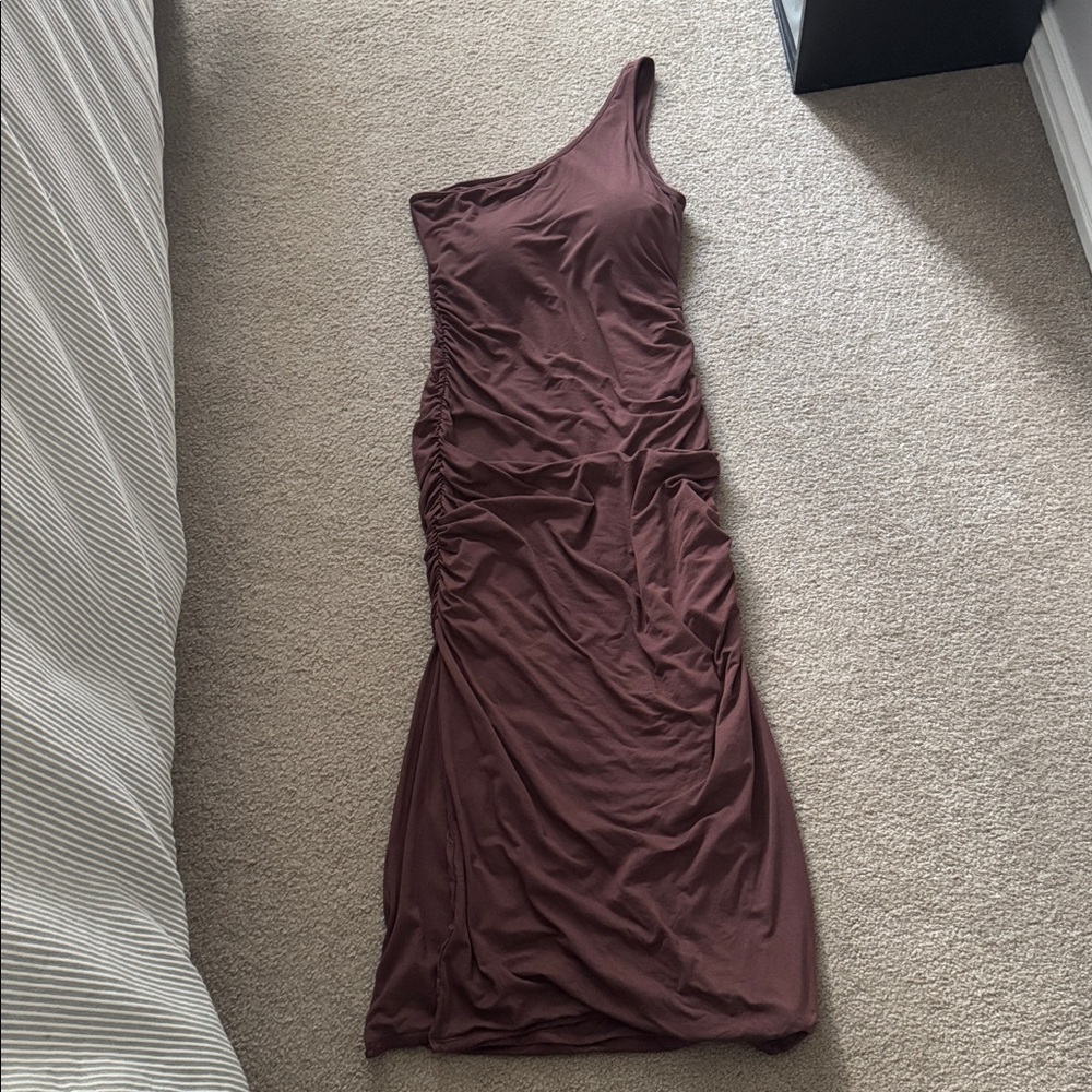 Klassy Network One Shoulder Brown Midi Dress with Built in Bra